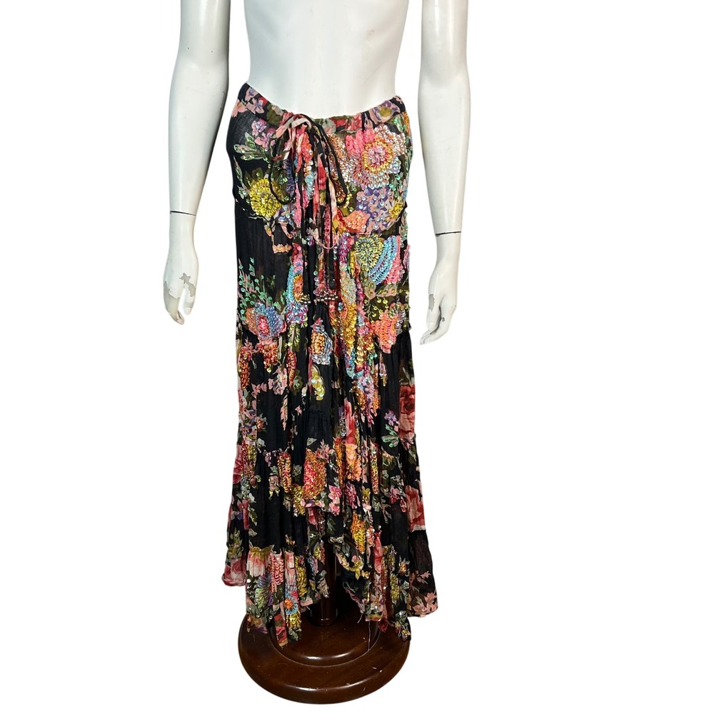 Floral Fairy Embellished Maxi Skirt S M Colorful Cotton Stevie Boho Tiered